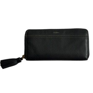 Fossil Tara Black Pebble Leather Zip Wallet with Tassel Pull